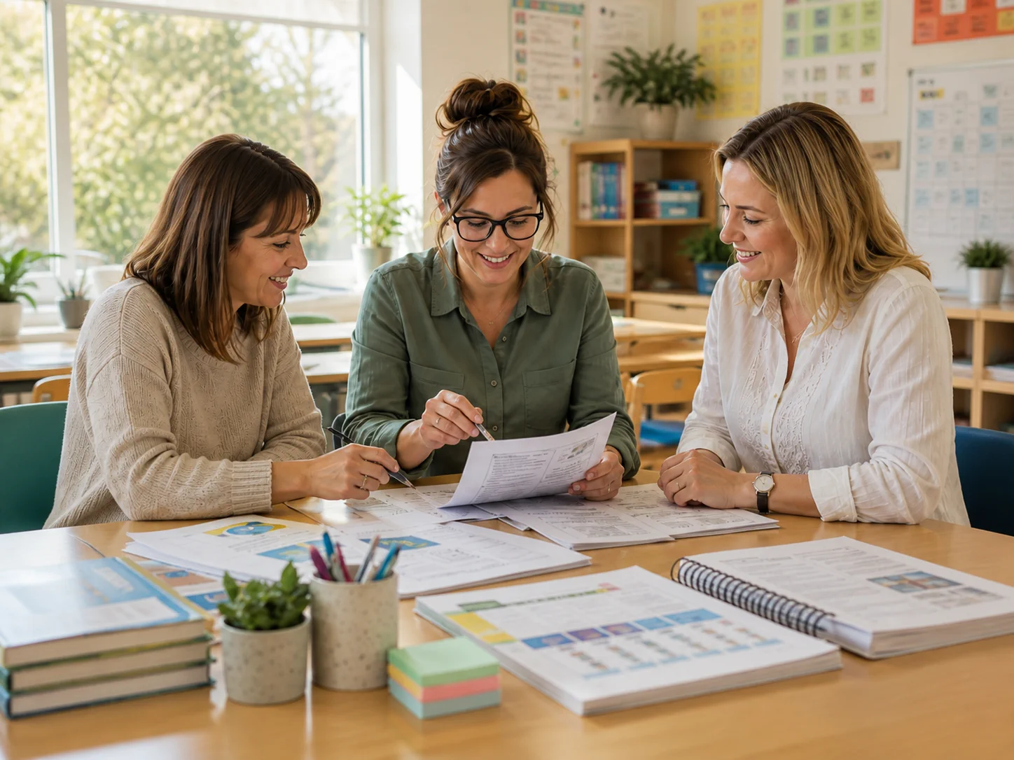 Cadre didactice care planifică împreună într-o sală de clasă